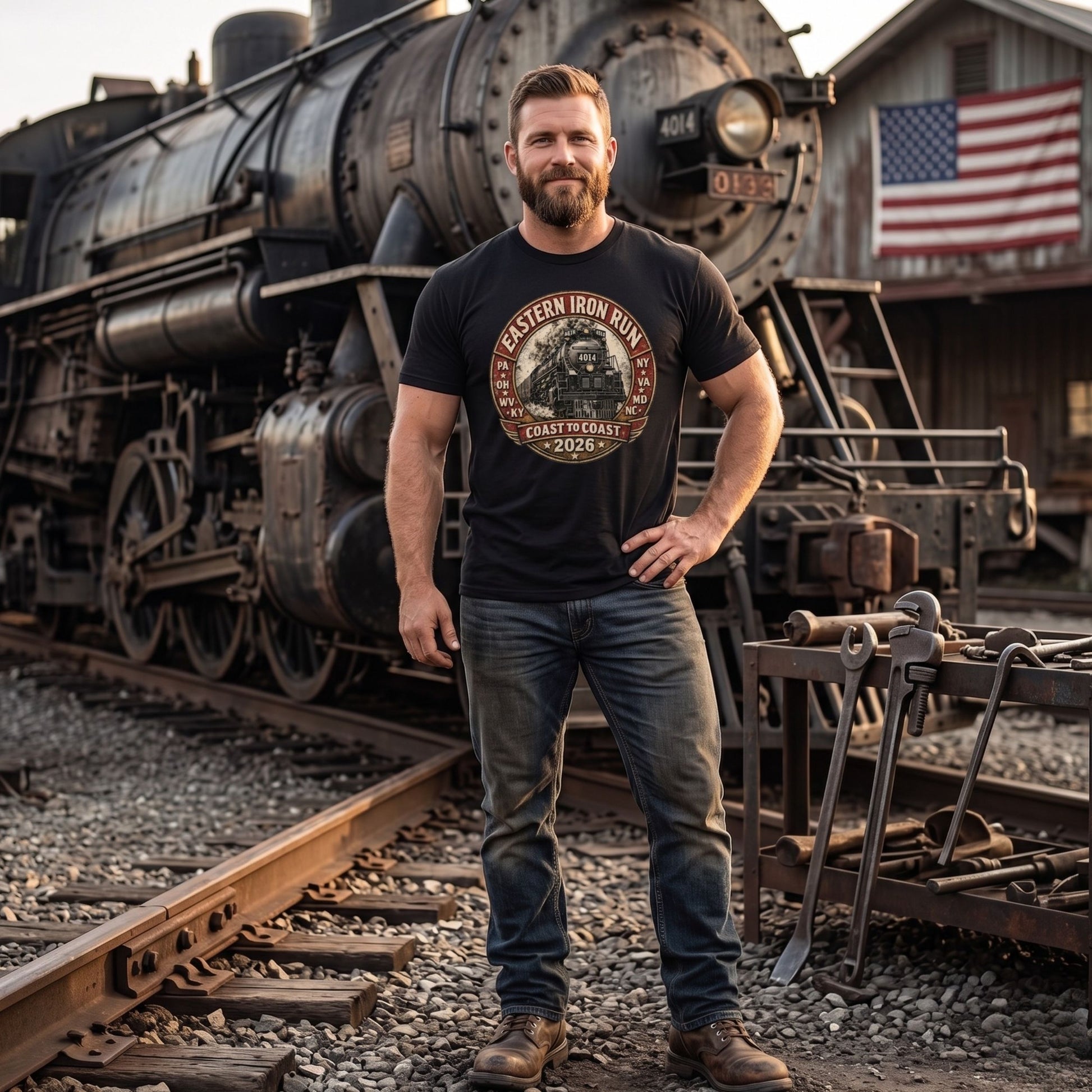 Black t-shirt featuring a vintage graphic of the Union Pacific Big Boy 4014 steam locomotive