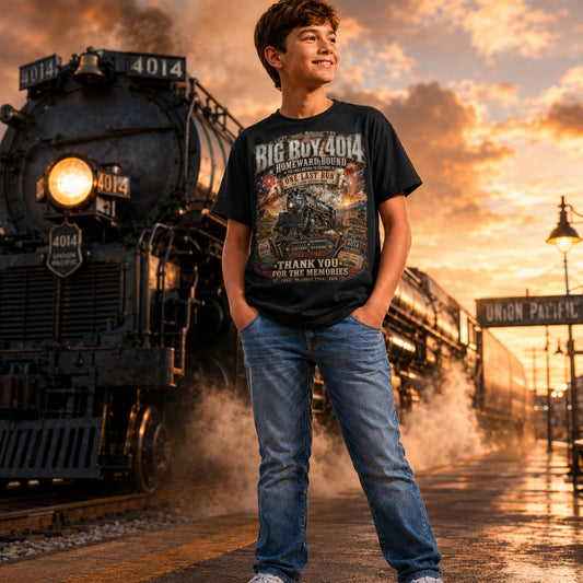 A young man wearing a black graphic t-shirt and blue jeans stands on a train platform at sunset, with a steam locomotive and Union Pacific signage in the background. The t-shirt features a detailed graphic with the text 'Big Boy 4014' and 'Thank You For The Memories'.