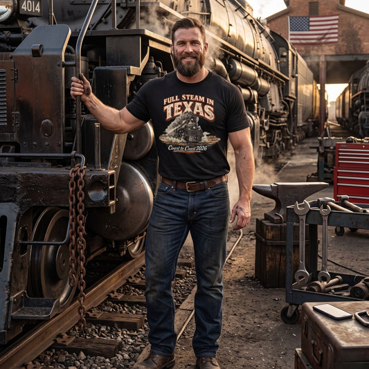 Man standing next to a steam locomotive wearing a 'Full Steam in Texas' t-shirt.