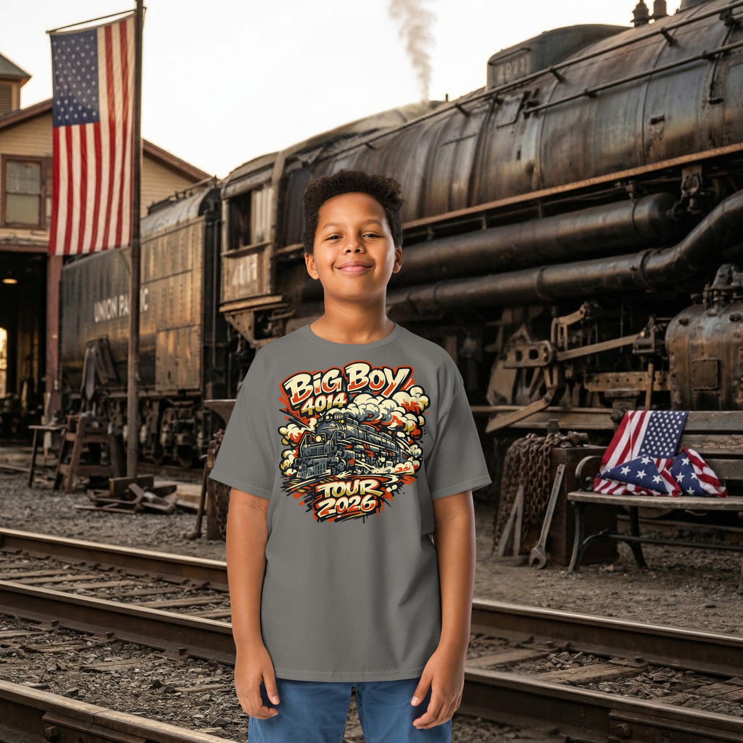 Child wearing a 'Big Boy Tour 2026' t-shirt in front of a steam locomotive.