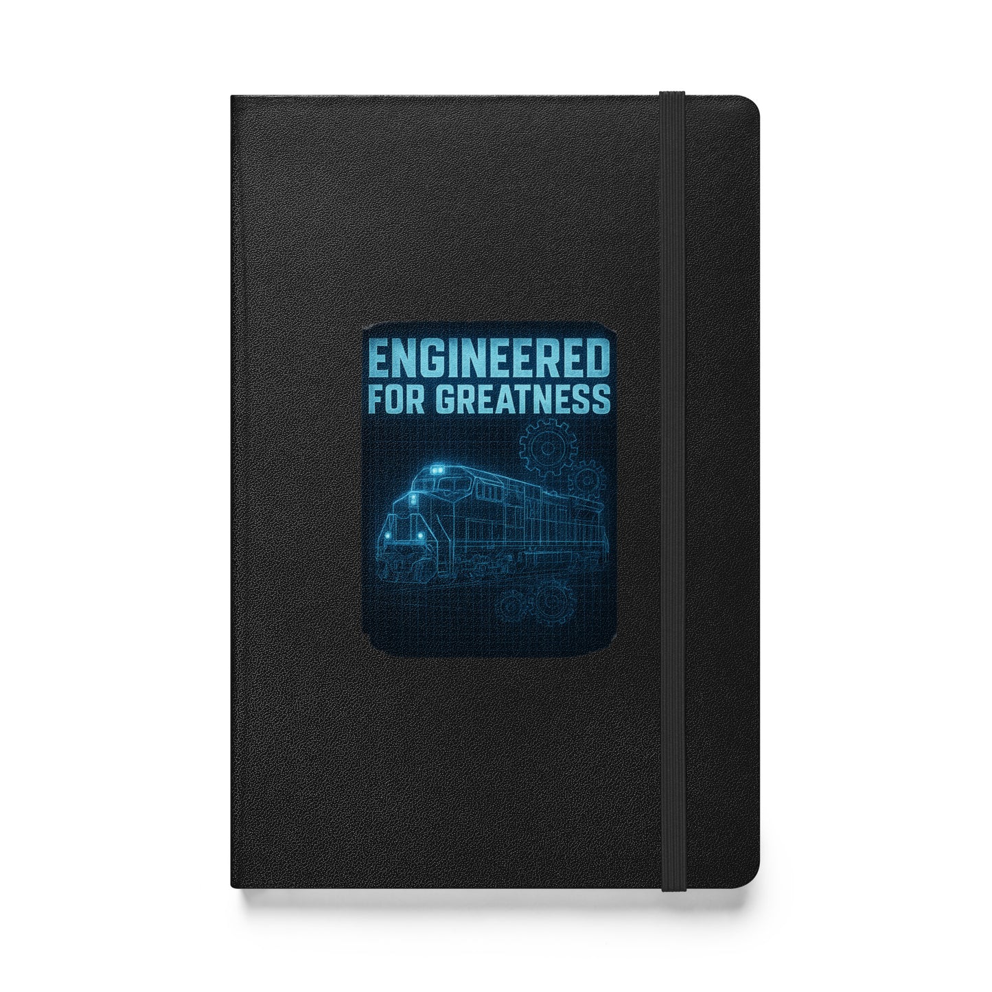 Black notebook with blue 'Engineered for Greatness' design on a white background