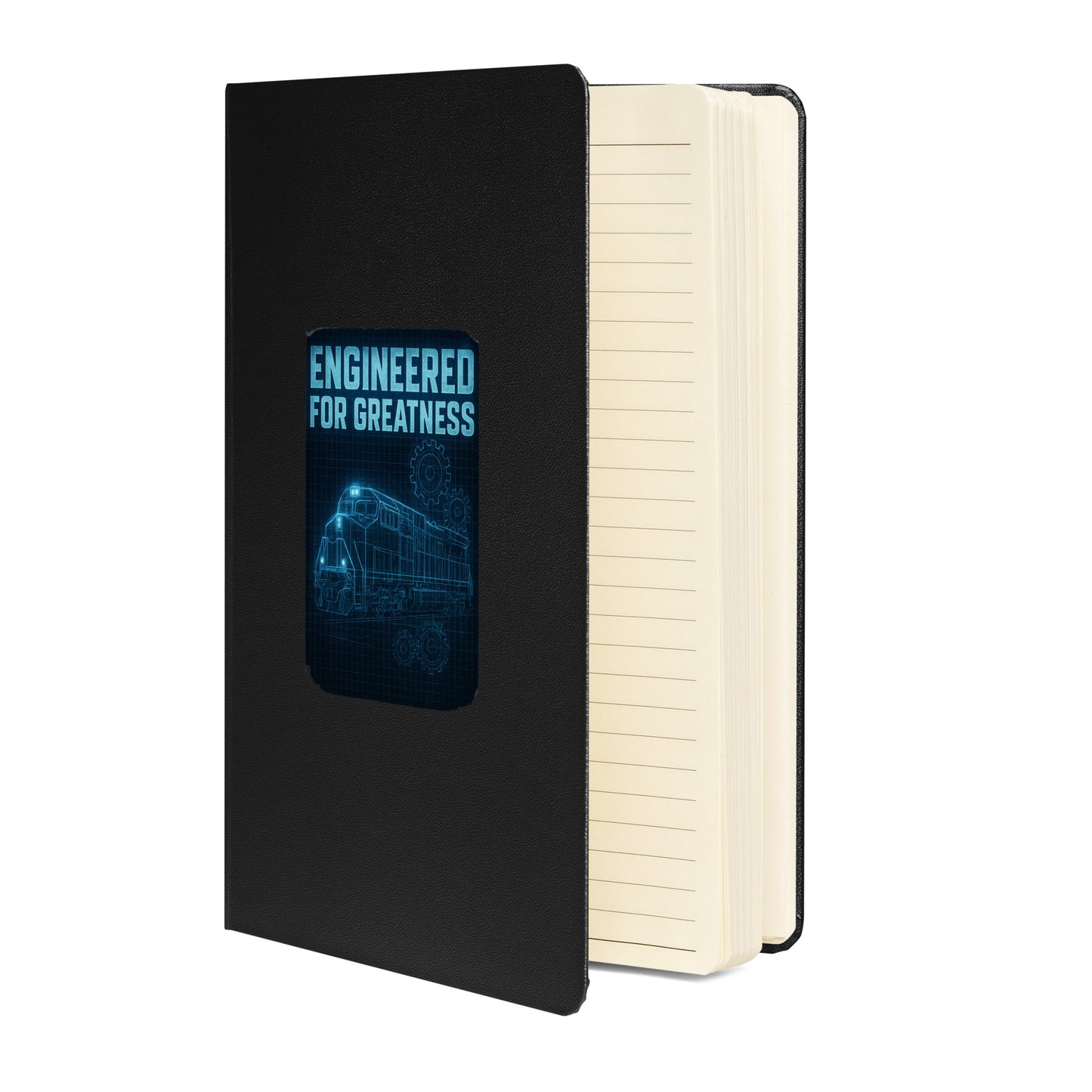 Black notebook with 'Engineered for Greatness' text and graphic on a white background