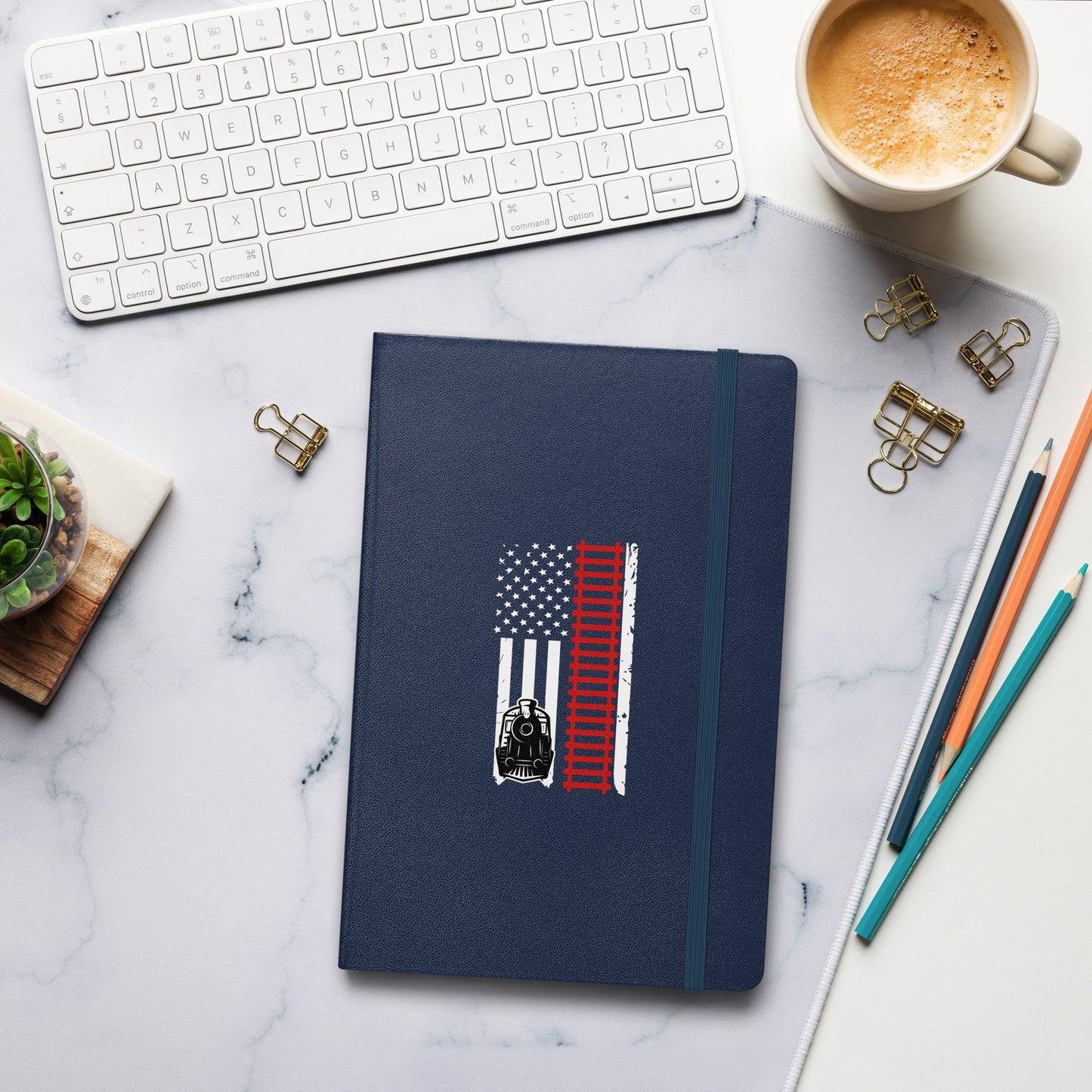 Patriotic Locomotive & Tracks Hardcover bound notebook