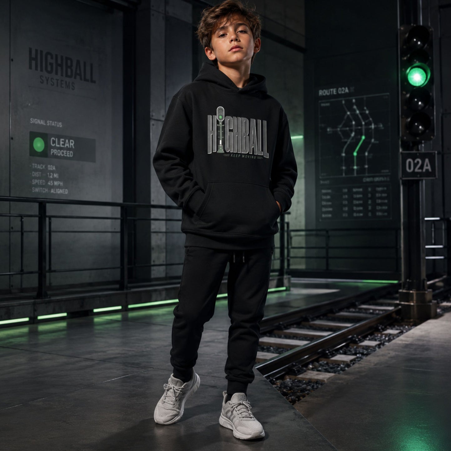 A boy wearing a black pullover hoodie displayed on a plain white background, featuring a chest graphic with the word HIGHBALL in tall grey letters, where the letter I is a green railroad signal, sitting above the text KEEP MOVING.