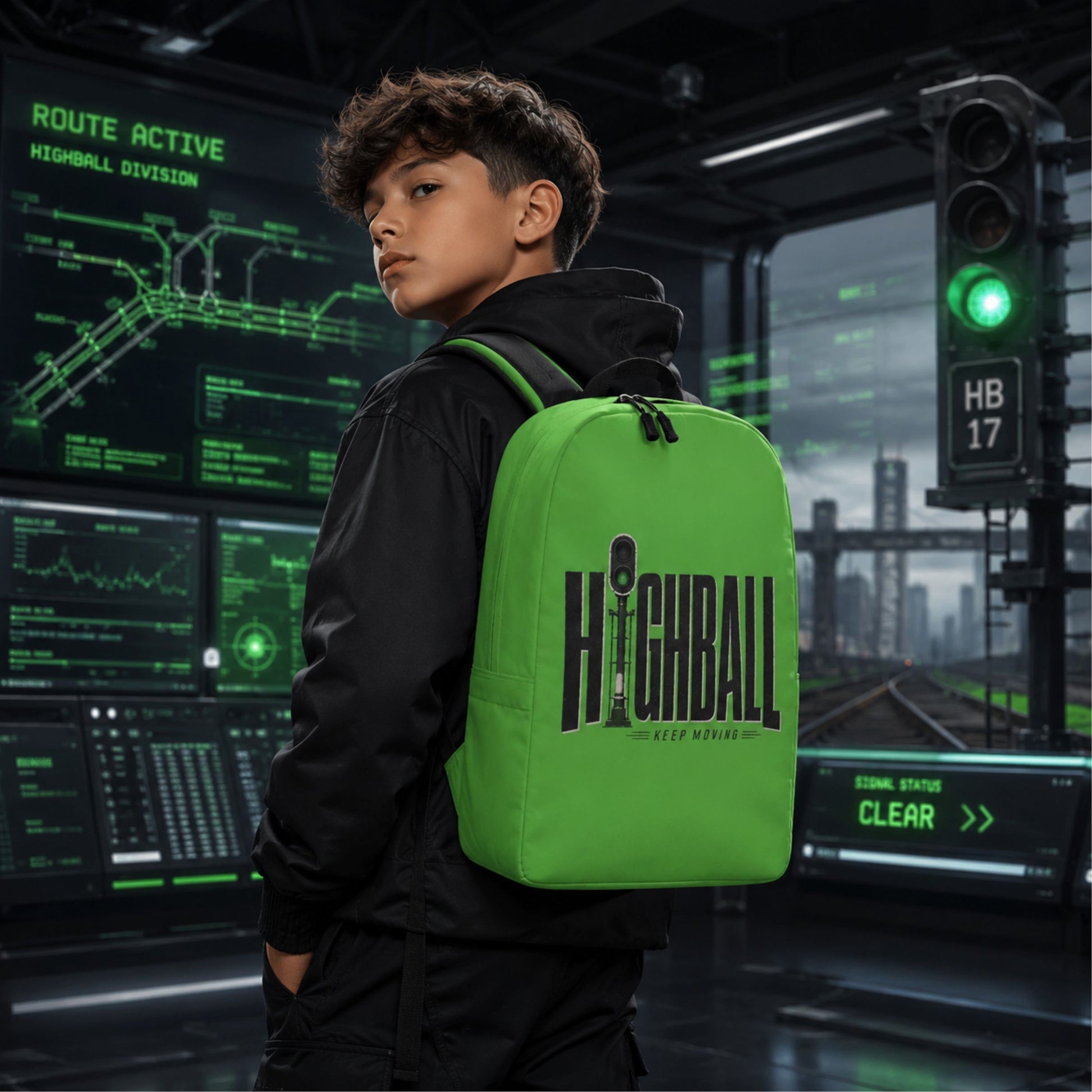 A person wearing a black hoodie carries a bright green backpack with a large black 'HIGHBALL' logo on the back, set against a futuristic high-tech control room background with green digital displays.