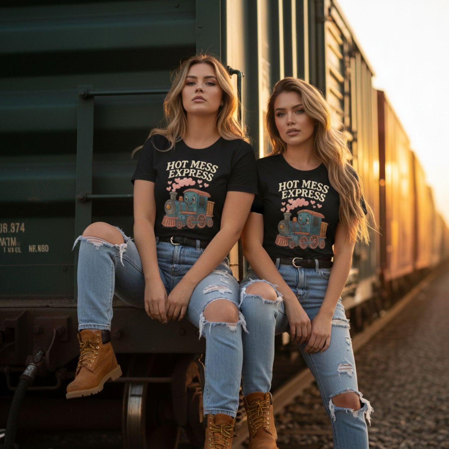 Two women wearing 'Hot Mess Express' t-shirts sitting on a train.