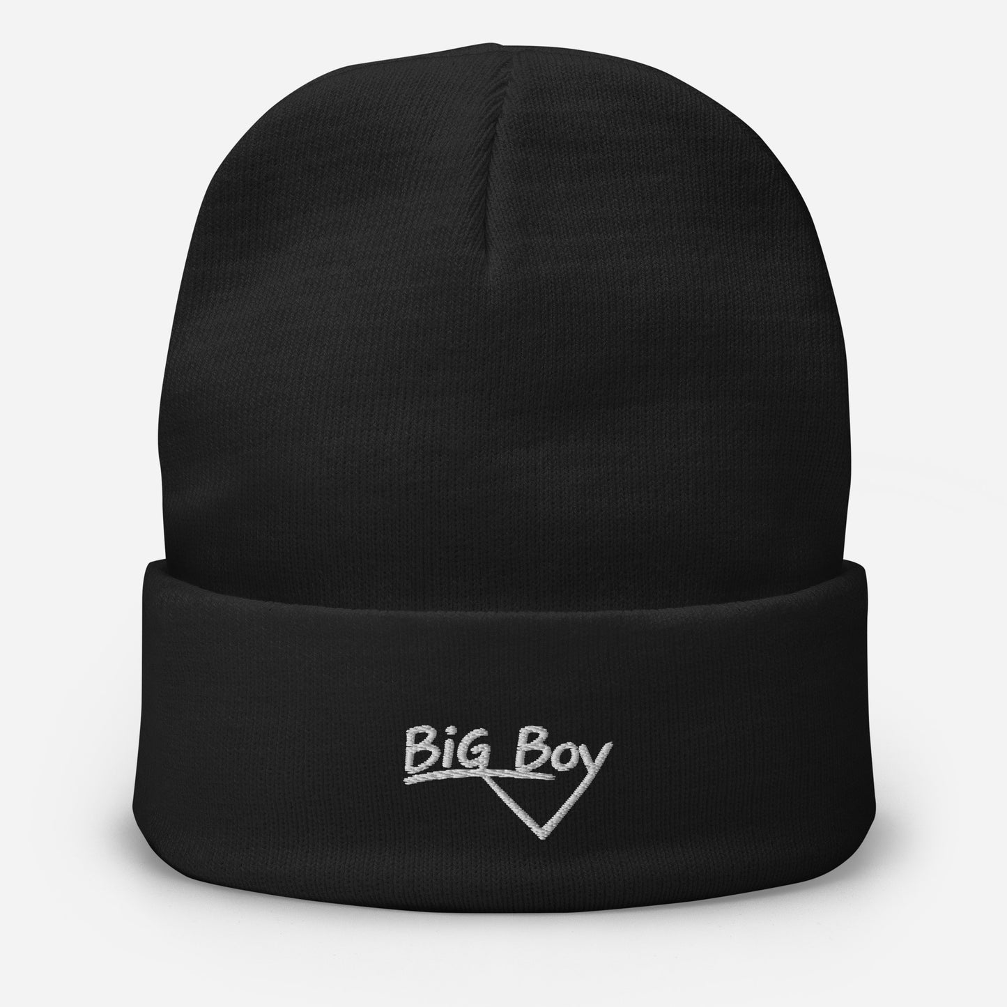 Black knit cuffed beanie featuring the classic white chalk-style "Big Boy" script logo cleanly embroidered on the center of the front fold.