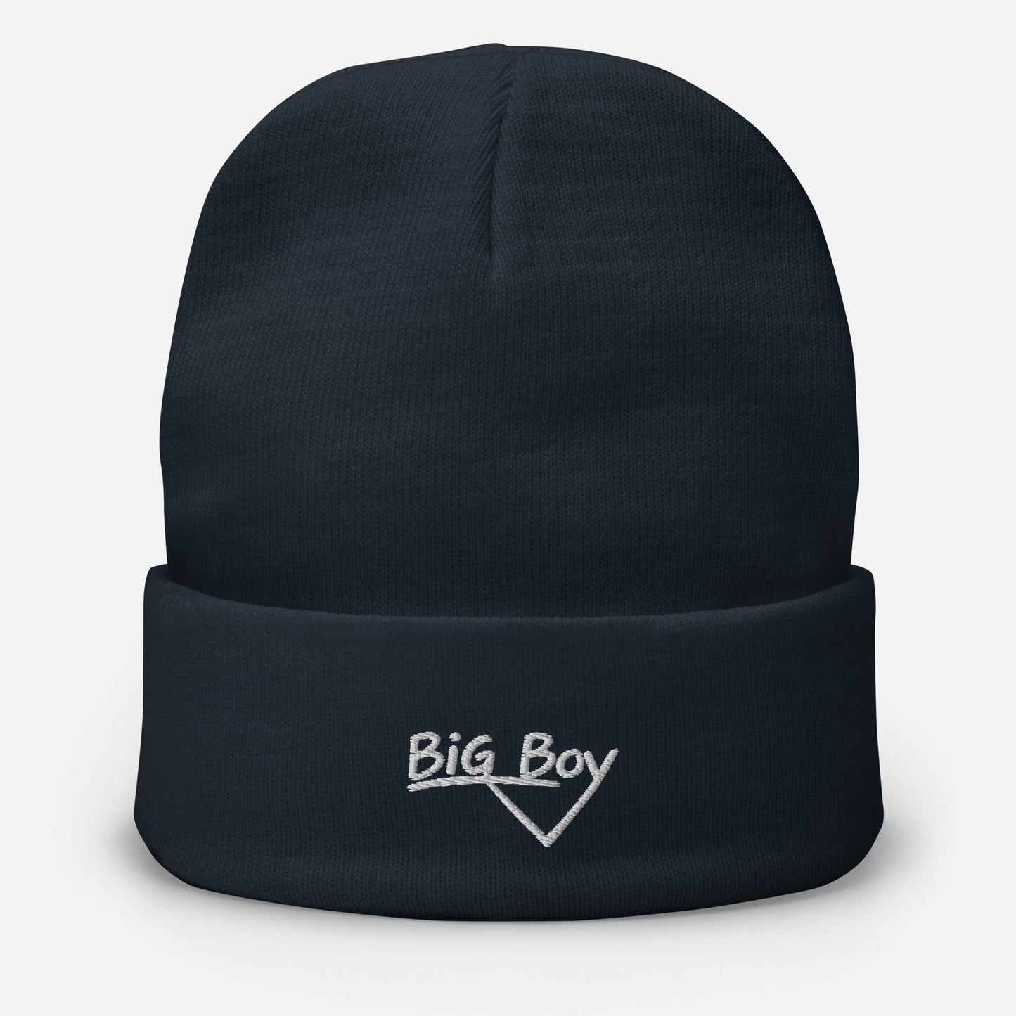 Navy knit cuffed beanie featuring the classic white chalk-style "Big Boy" script logo cleanly embroidered on the center of the front fold.