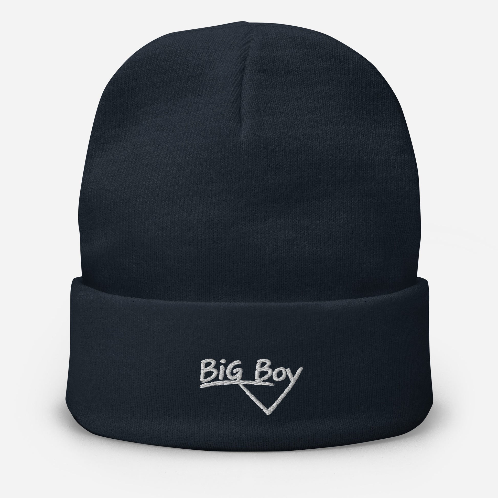 Navy knit cuffed beanie featuring the classic white chalk-style "Big Boy" script logo cleanly embroidered on the center of the front fold.