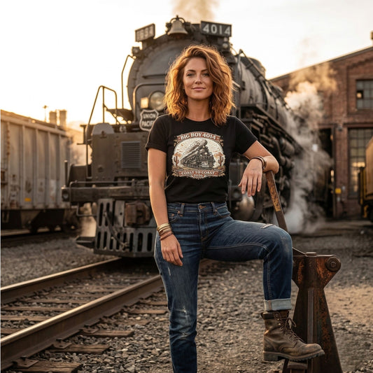 Woman standing on a railway in front of a steam locomotive