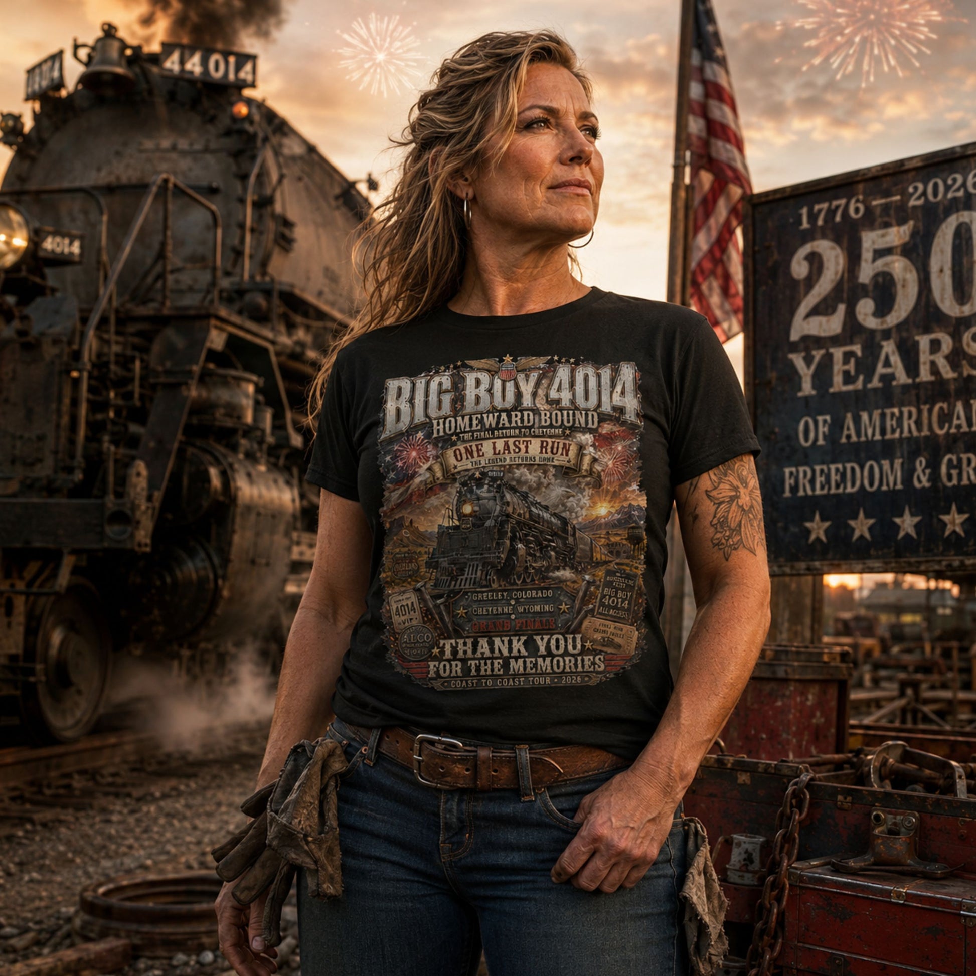 A woman stands in front of a steam locomotive and a memorial sign, wearing a black graphic T-shirt with the text 'BIG BOY 4014 HOMESTEADING MEMORIAL' and 'THANK YOU FOR THE MEMORIES'.
