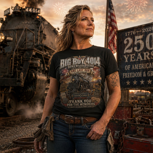 A woman stands in front of a steam locomotive and a memorial sign, wearing a black graphic T-shirt with the text 'BIG BOY 4014 HOMESTEADING MEMORIAL' and 'THANK YOU FOR THE MEMORIES'.