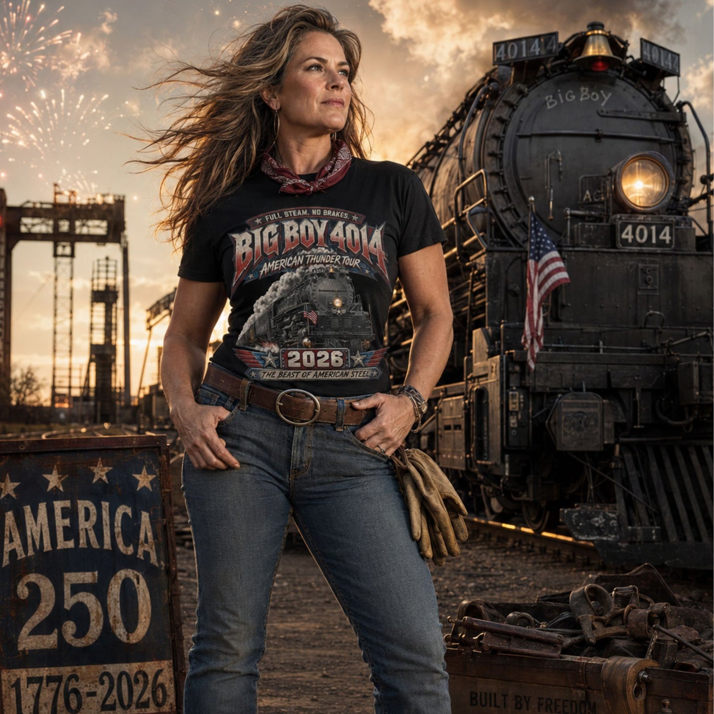 Woman wearing a Black women's ribbed neck t-shirt featuring a dynamic graphic of the Big Boy 4014 steam locomotive charging forward with billowing smoke and a small American flag on the front. Bold, aggressive text reads "FULL STEAM. NO BRAKES.", "BIG BOY 4014", "AMERICAN THUNDER TOUR", "2026", and "THE BEAST OF AMERICAN STEEL" in red, white, and blue patriotic styling in front of a steam locomotive with fireworks in the background.