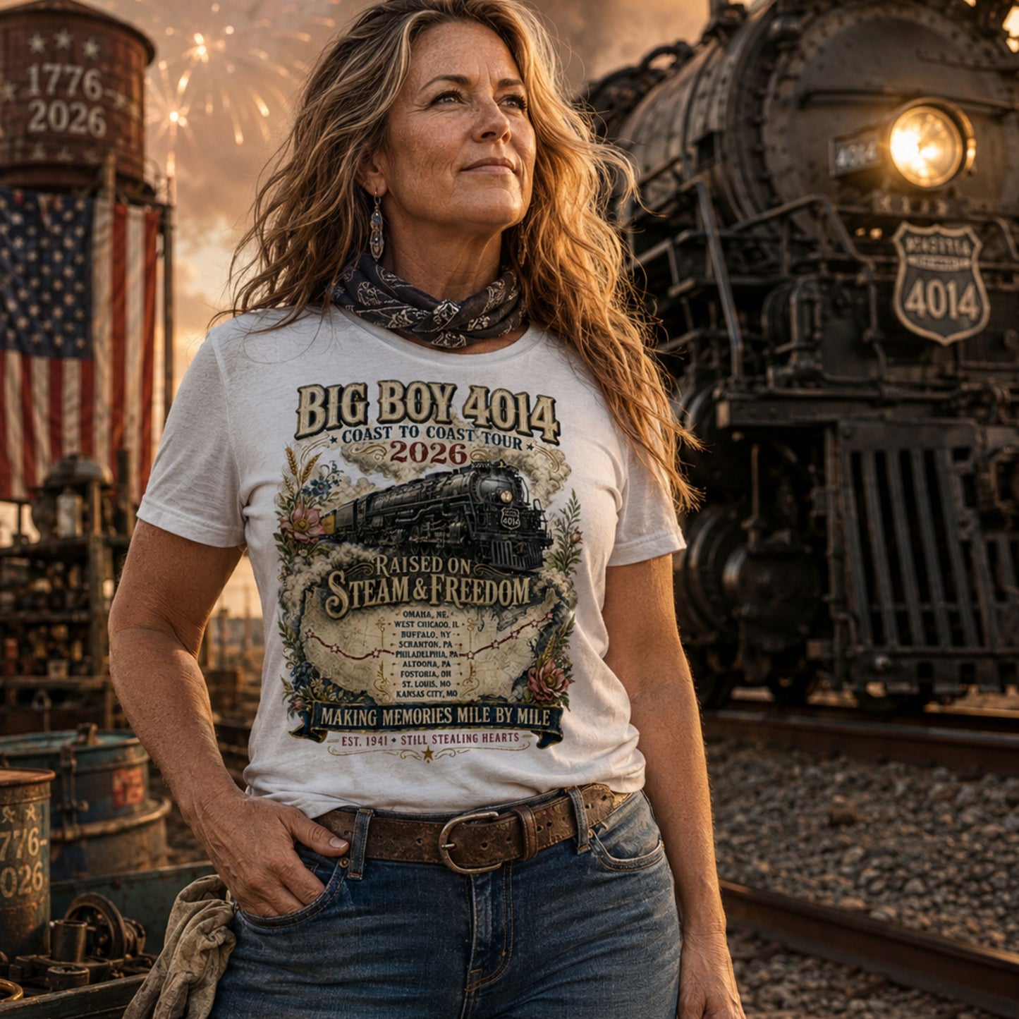 Woman wearing a t-shirt with steam locomotive design in front of a vintage train.