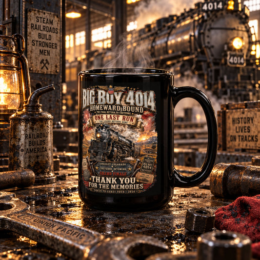 A black ceramic mug with a detailed vintage railroad memorial graphic, set in a detailed steam locomotive workshop environment.
