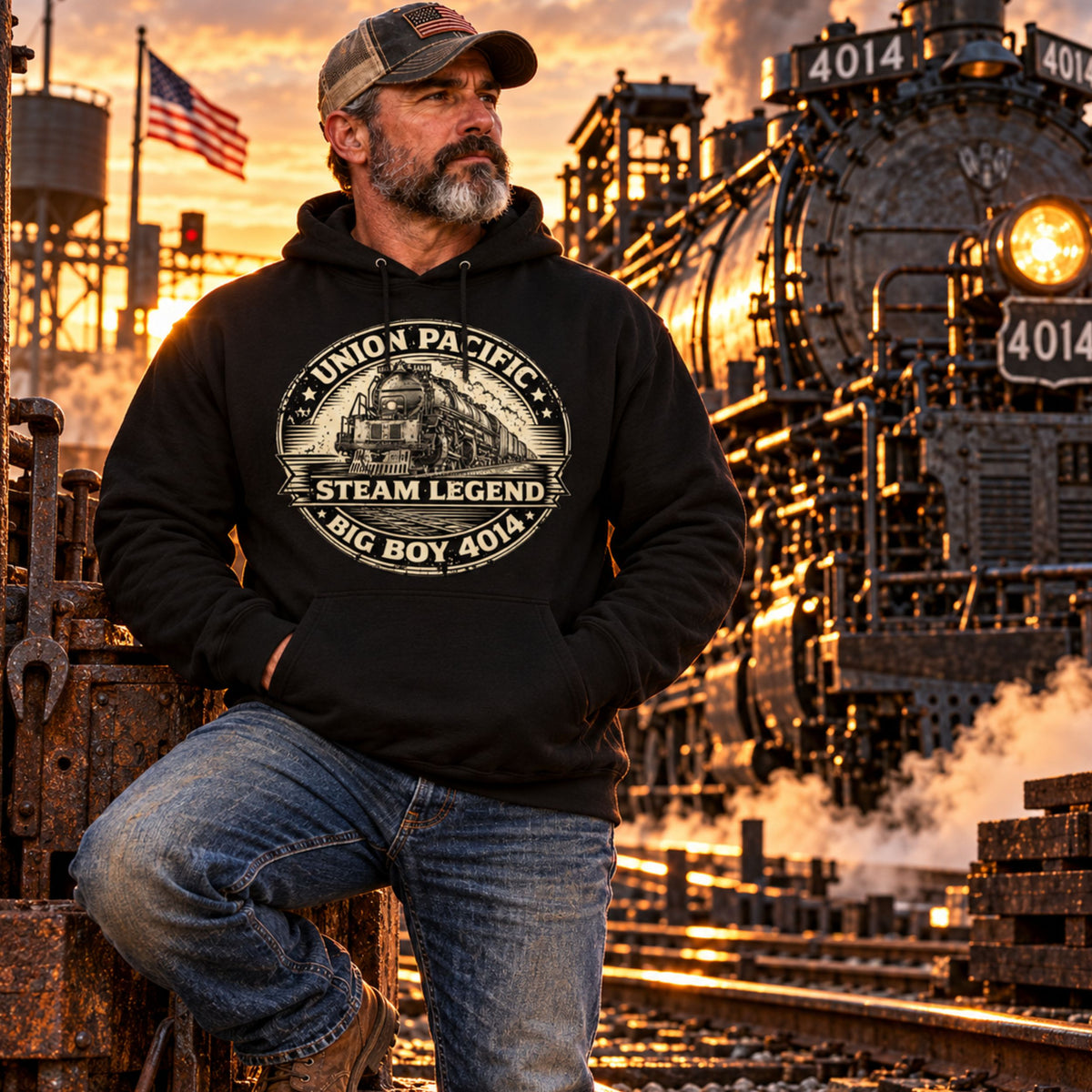 A man wearing a black hoodie with a 'Union Pacific Steam Legend Big Boy 4014' graphic, posing in front of a steam locomotive at sunset.