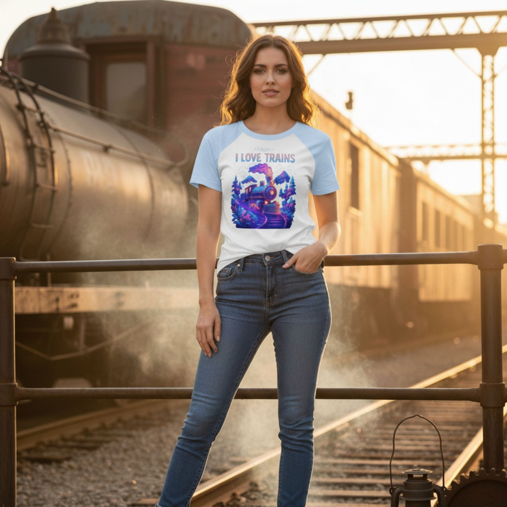 Woman wearing a 'I Love Trains' t-shirt standing on train tracks with a steam locomotive in the background.