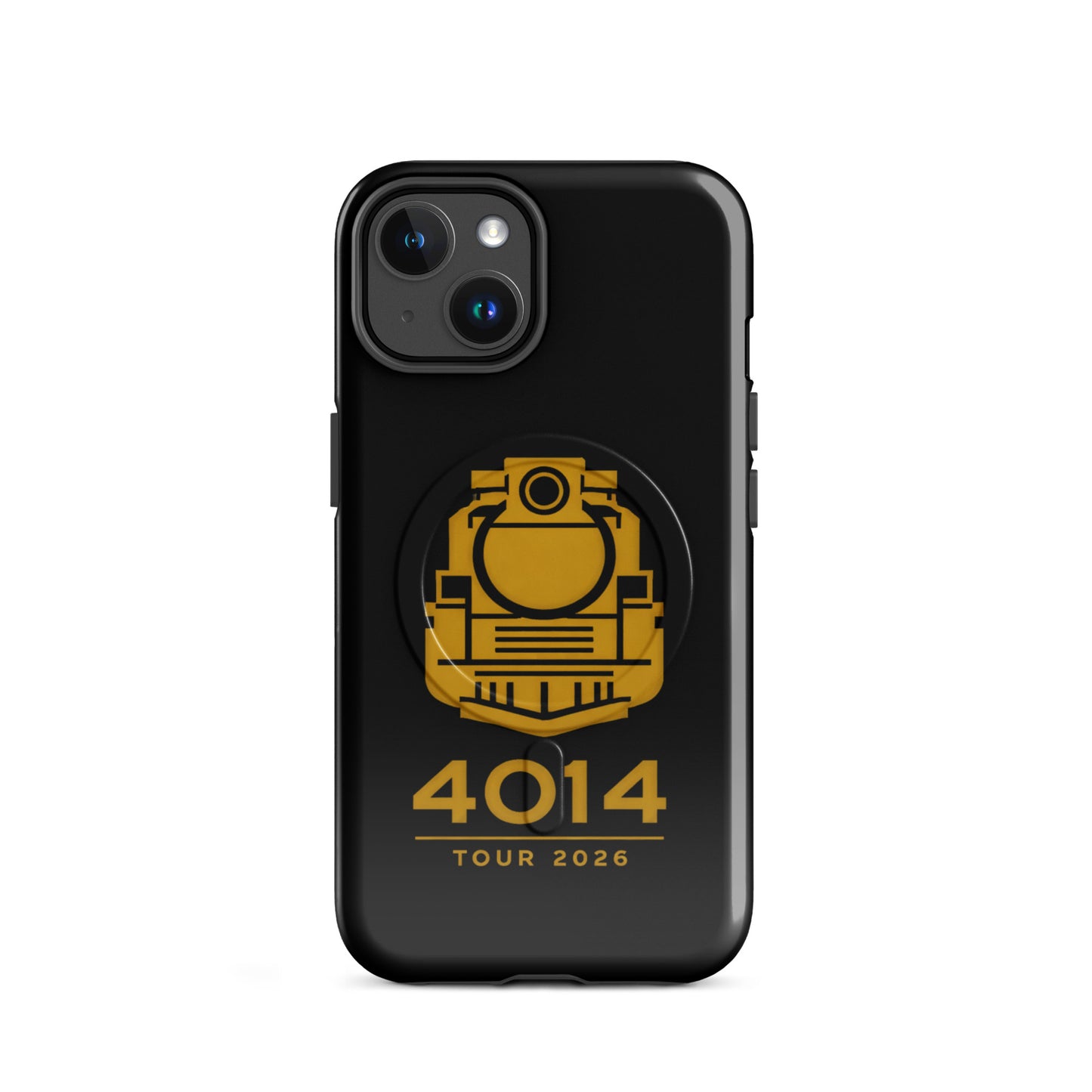 Black phone case with yellow locomotive design and '4014 Tour 2026' text on a white background