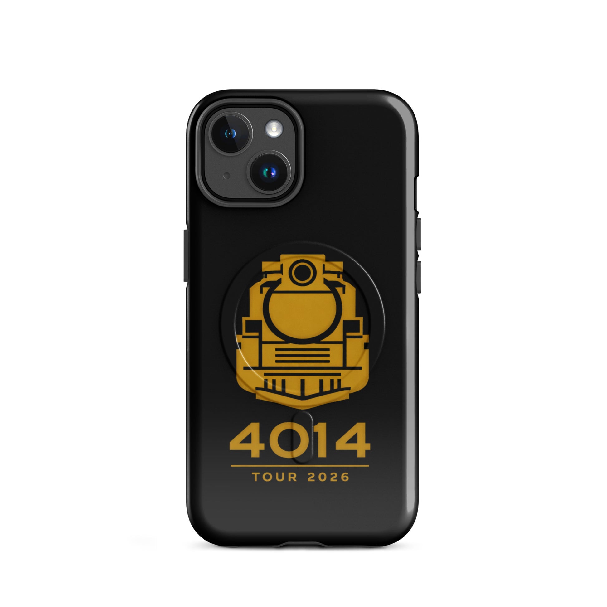 Black phone case with yellow locomotive design and '4014 Tour 2026' text on a white background
