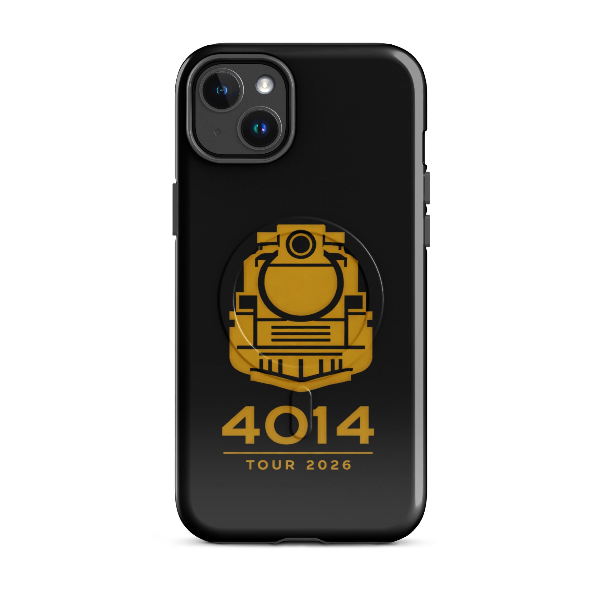 Black phone case with yellow locomotive design and text on a white background