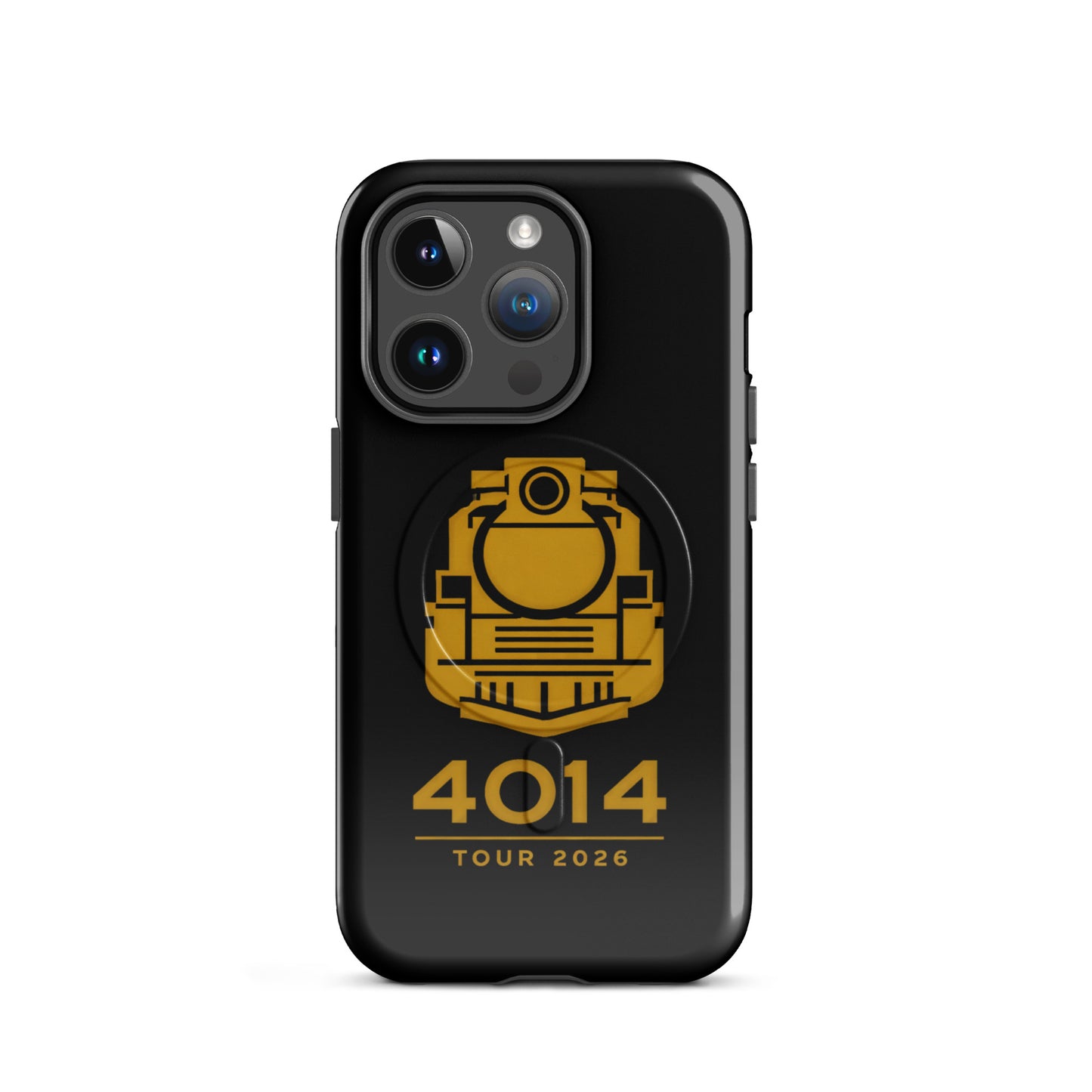 Black phone case with yellow emblem and '4014 Tour 2026' text on a white background