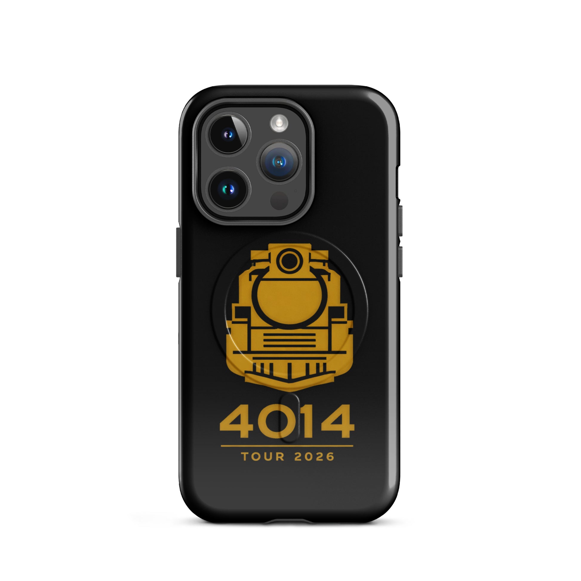 Black phone case with yellow emblem and '4014 Tour 2026' text on a white background