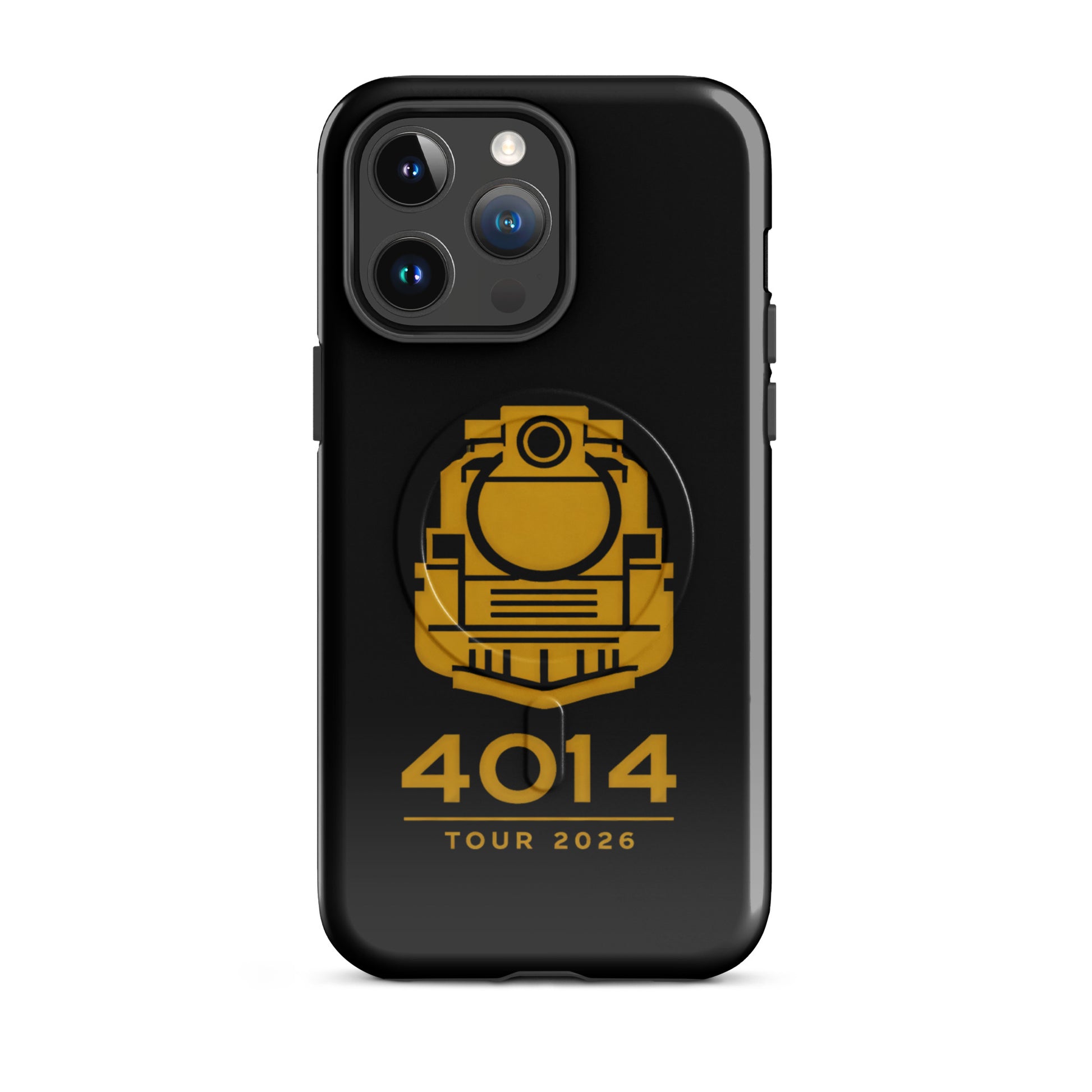 Black phone case with yellow train design and '4014 Tour 2026' text on a white background