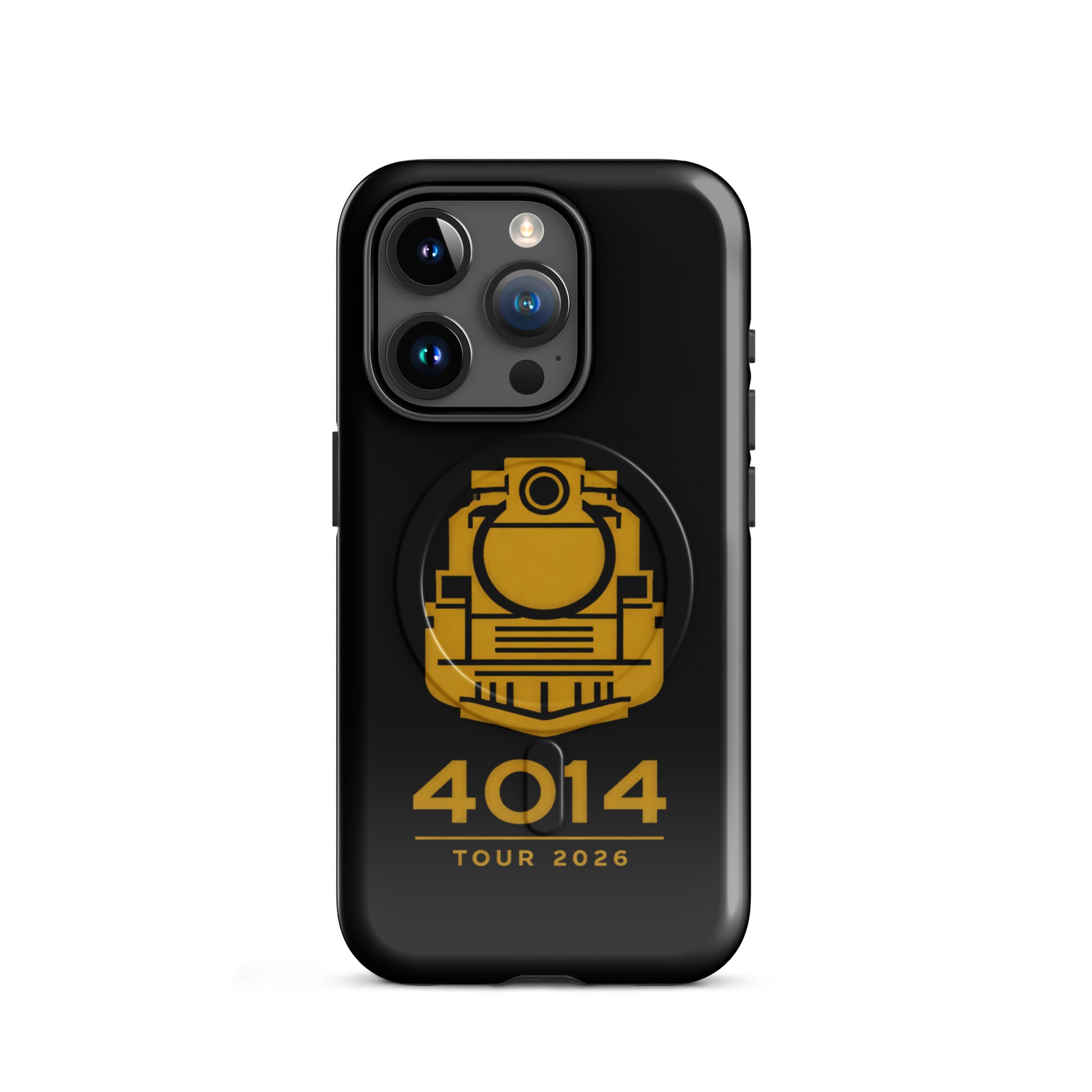 Black phone case with yellow emblem and '4014 Tour 2026' text on a white background