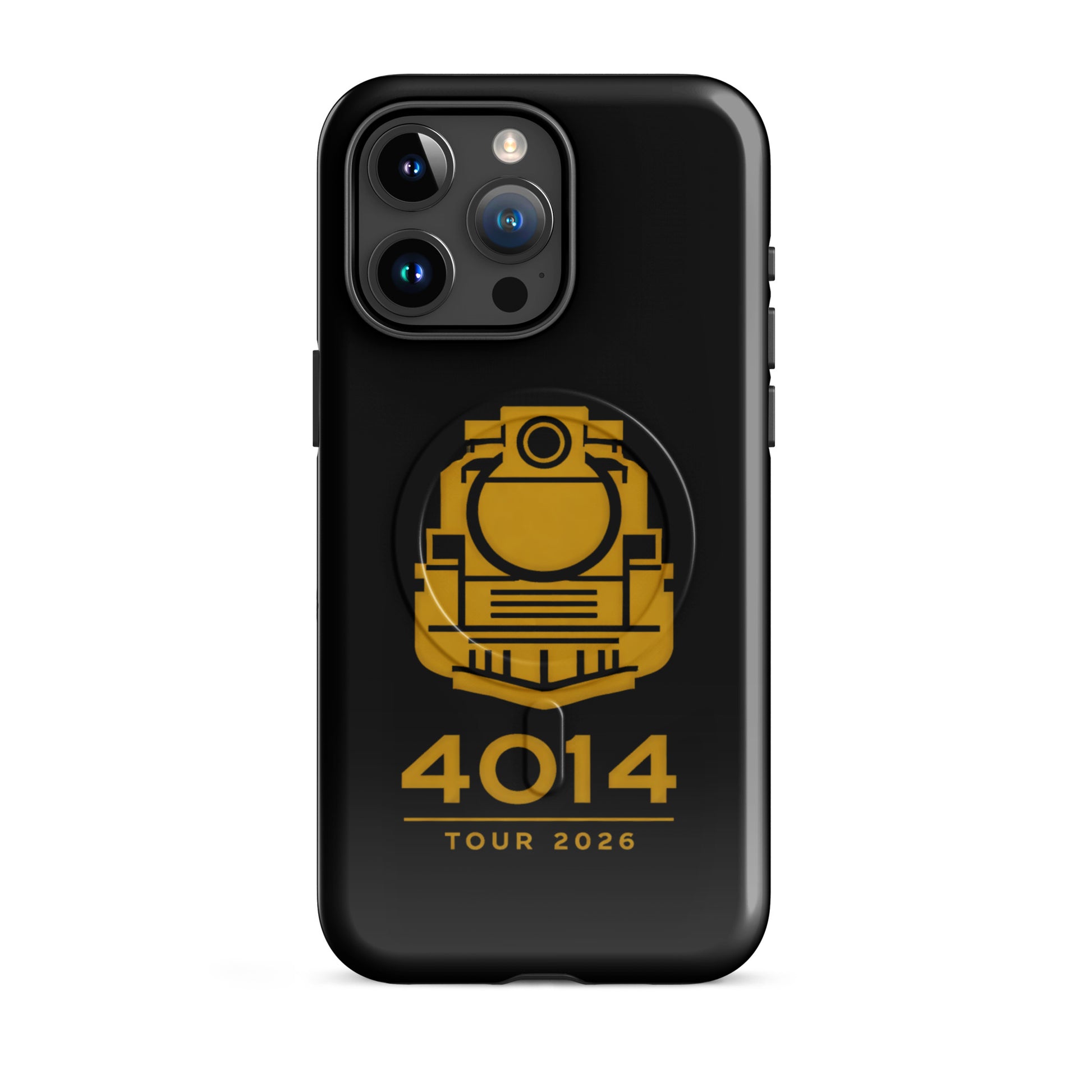 Black phone case with yellow train design and '4014 Tour 2026' text on a white background
