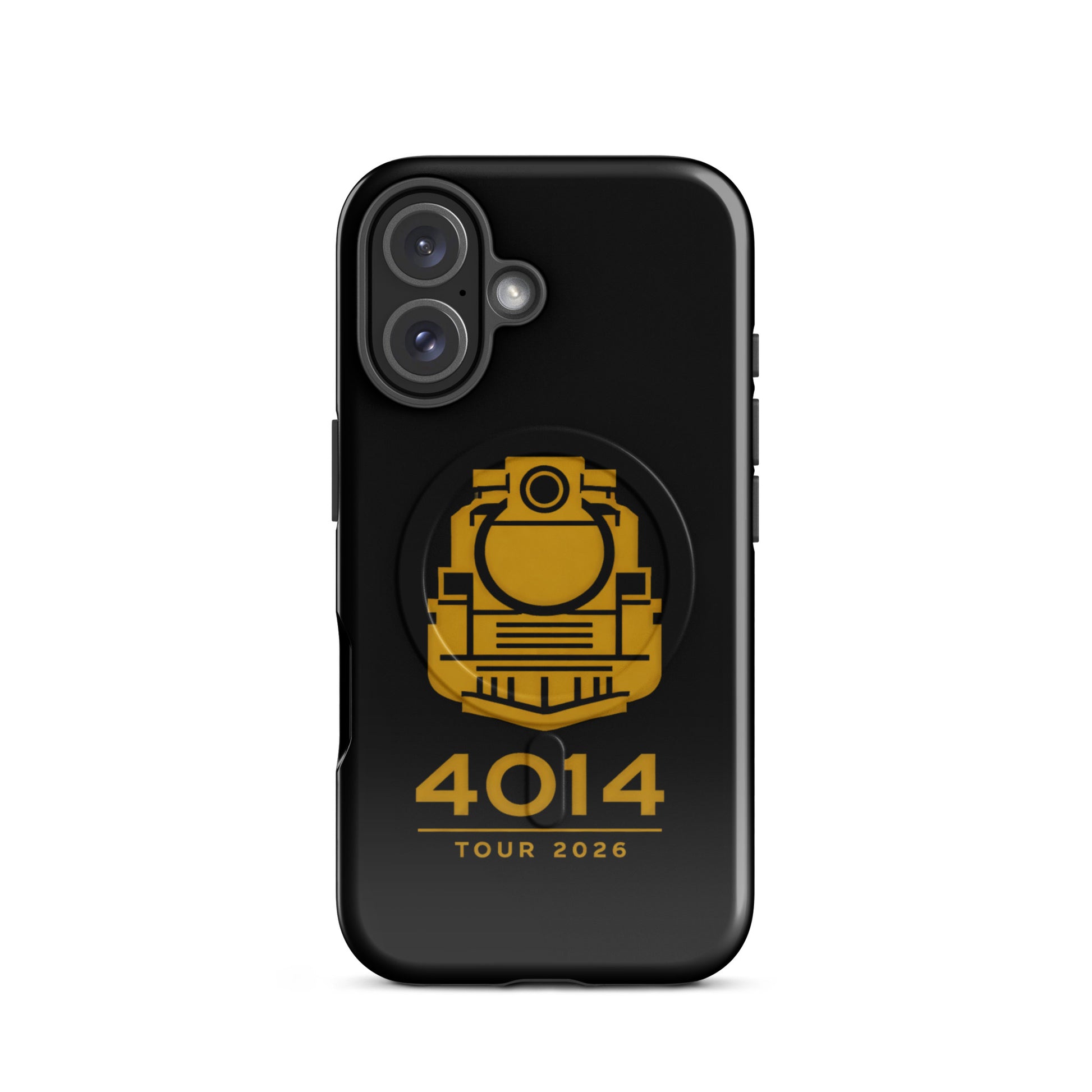 Black phone case with yellow train design and '4014 Tour 2026' text on a white background