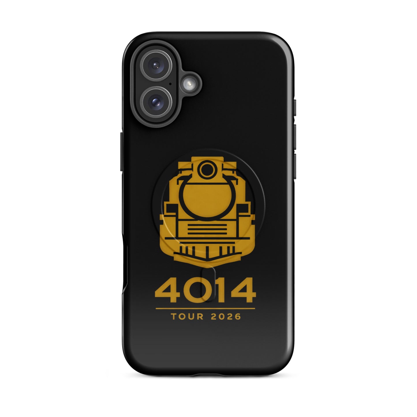 Black phone case with yellow locomotive design and '4014 Tour 2026' text on a white background