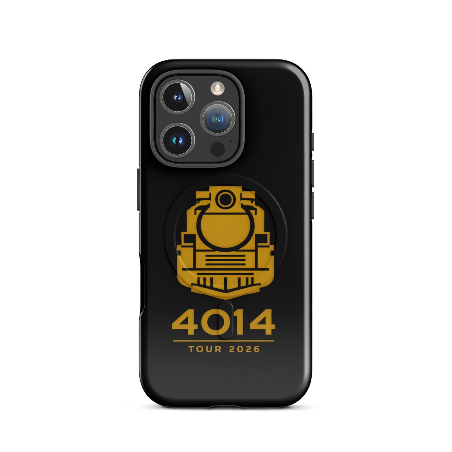 Black phone case with yellow train logo and '4014 Tour 2026' text on a white background