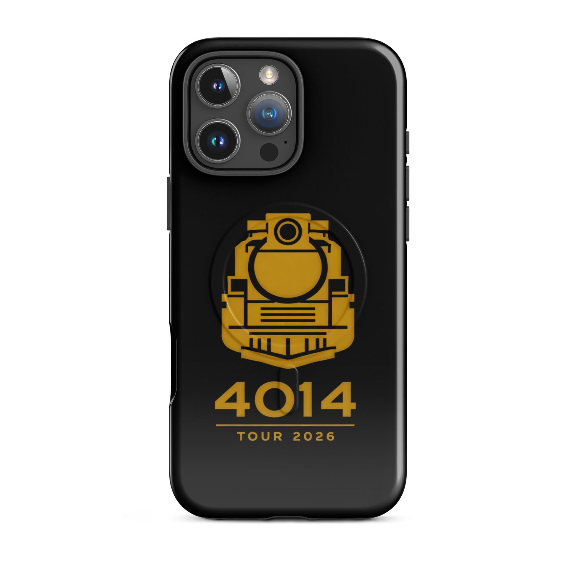 Black phone case with yellow train logo and '4014 Tour 2026' text on a white background