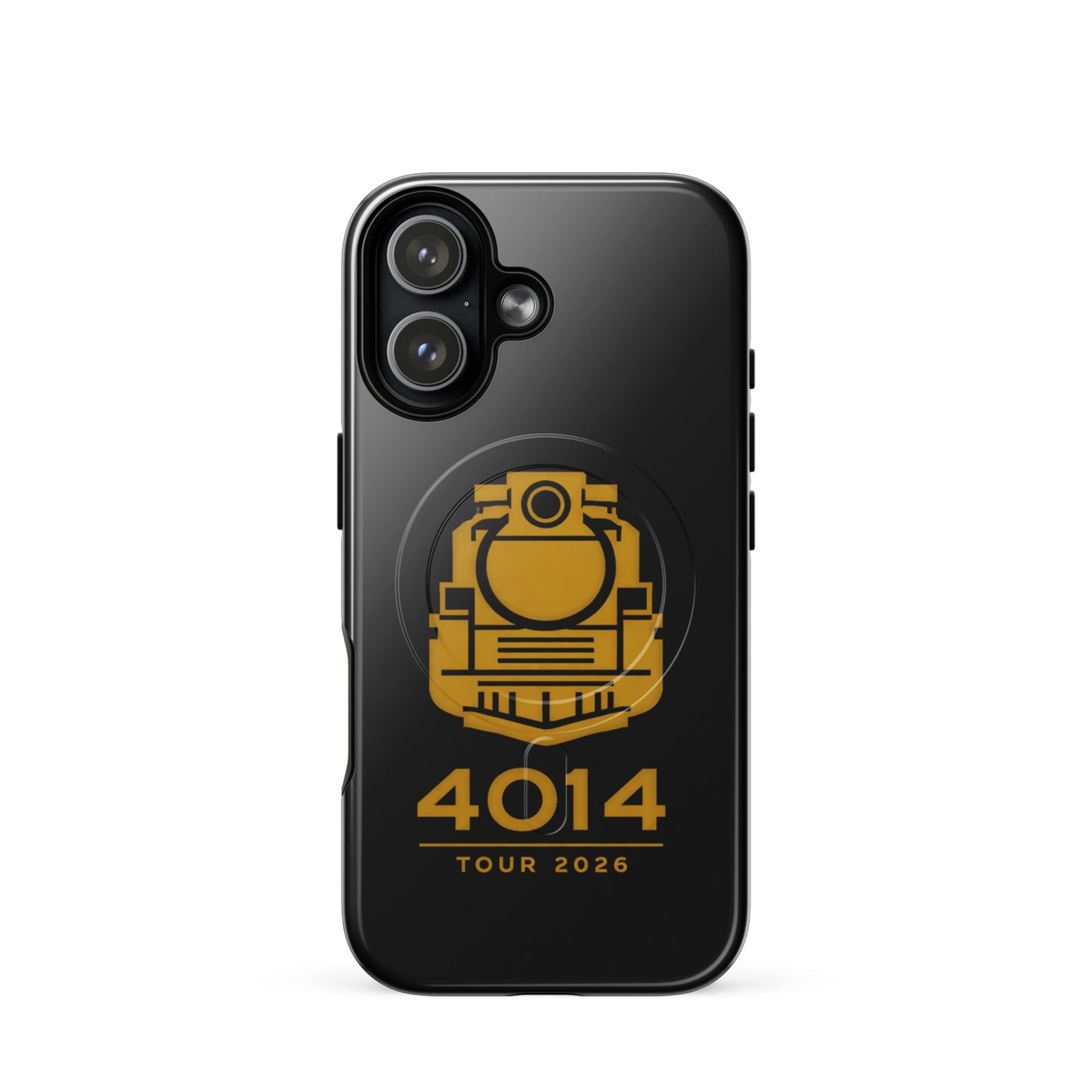 Black phone case with yellow train logo and '4014 Tour 2026' text on a white background