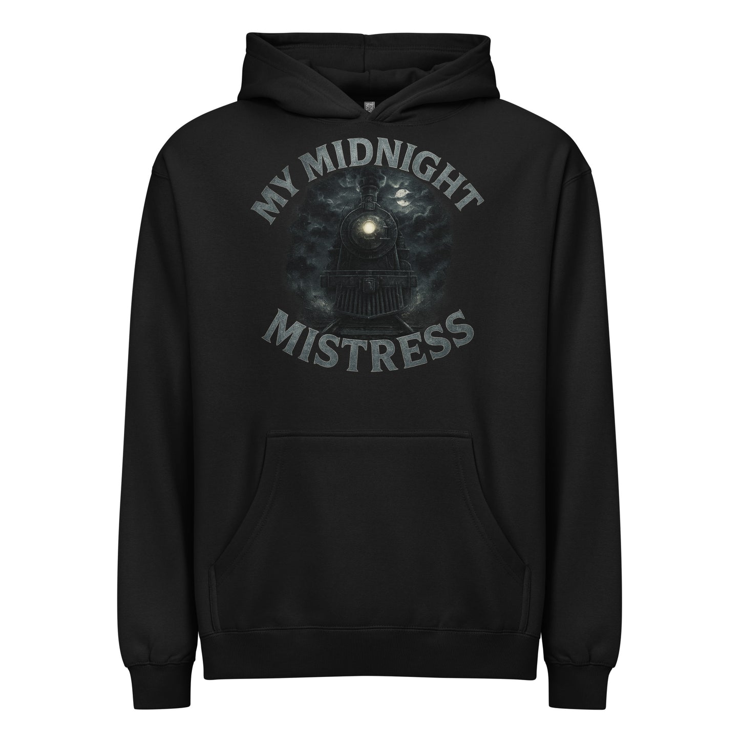 Black men’s box hoodie with “My Midnight Mistress” text and a steam locomotive graphic under a moonlit night sky.