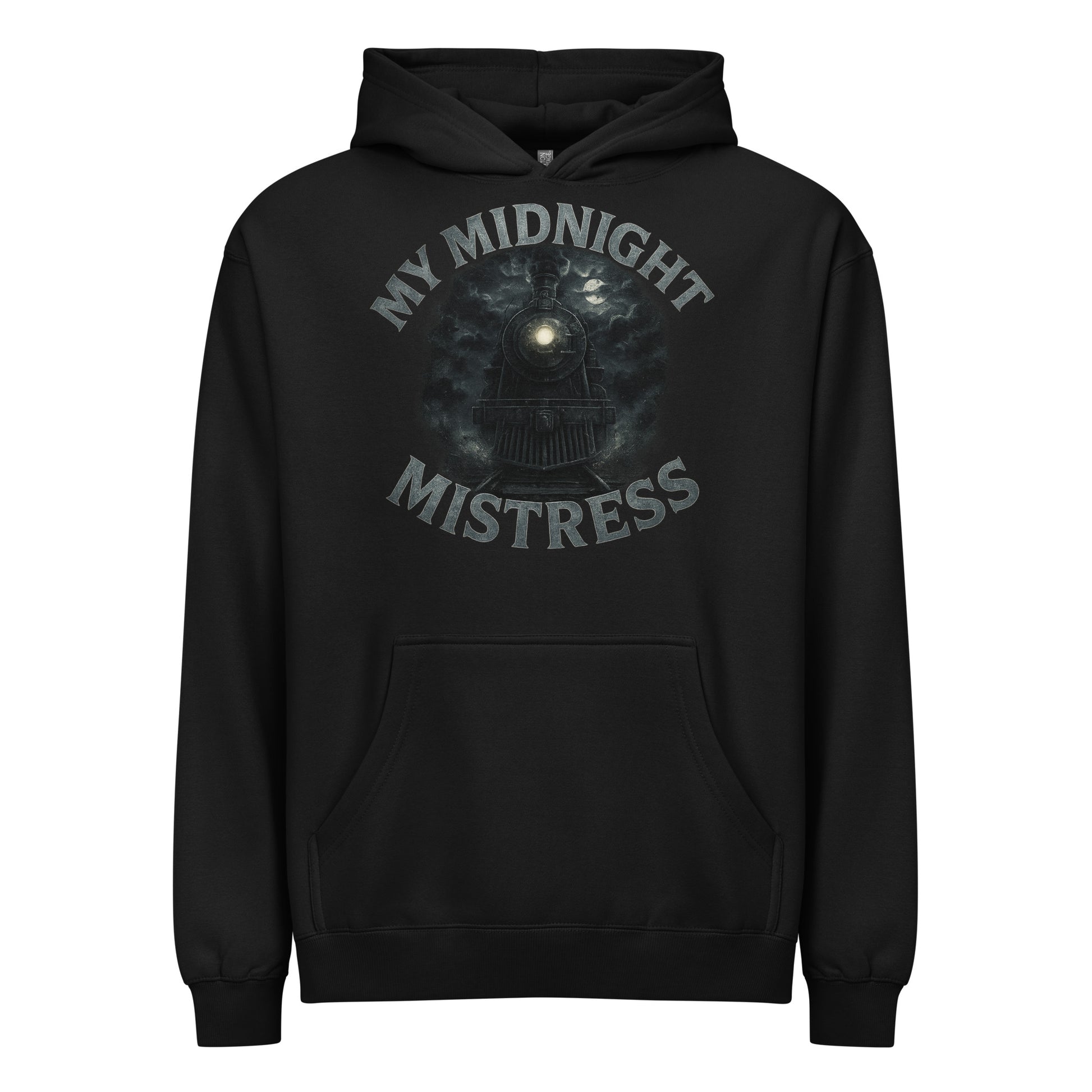 Black men’s box hoodie with “My Midnight Mistress” text and a steam locomotive graphic under a moonlit night sky.