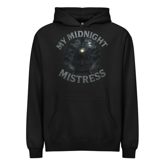 Black men’s box hoodie with “My Midnight Mistress” text and a steam locomotive graphic under a moonlit night sky.