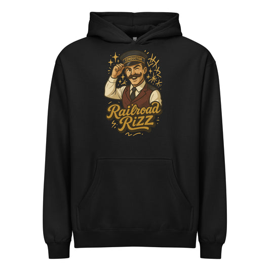 Black hoodie with a graphic of a man saluting and the text 'Railroad Rizz' on a white background