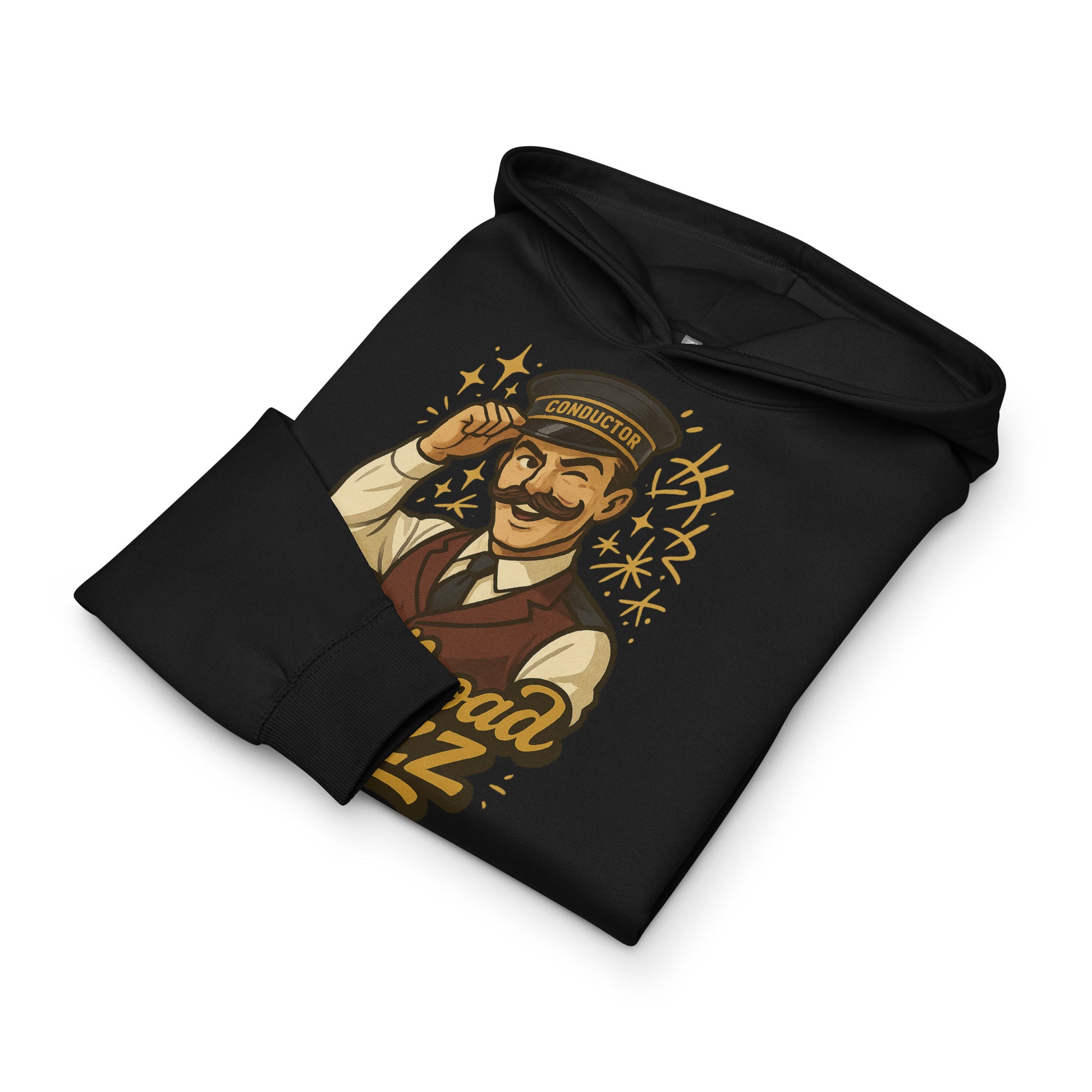 Black hoodie with a graphic design on a white background