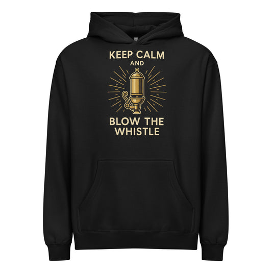 Black hoodie with gold graphic and text 'Keep Calm and Blow the Whistle' on a white background