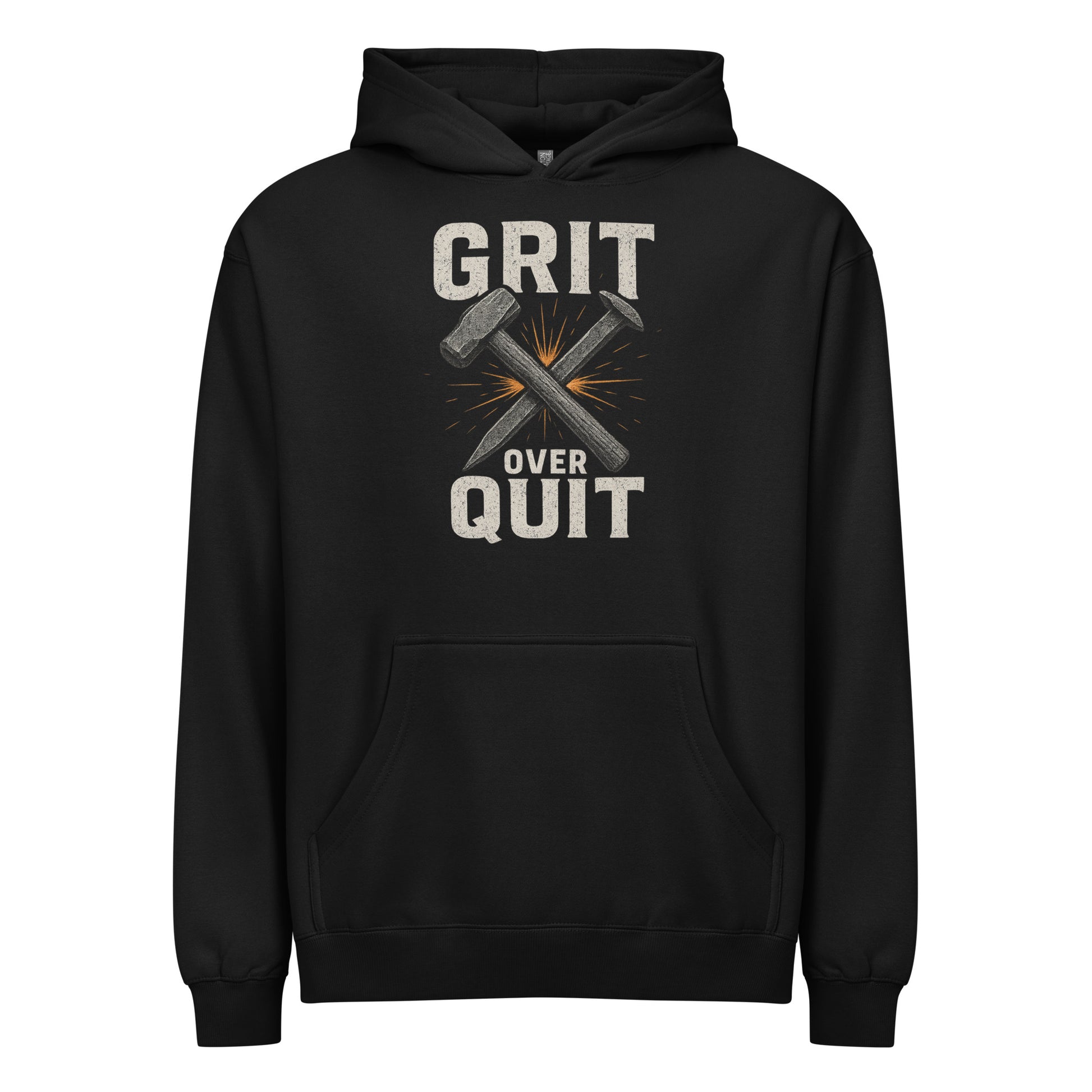Black hoodie with 'GRIT OVER QUIT' text and graphic on a white background