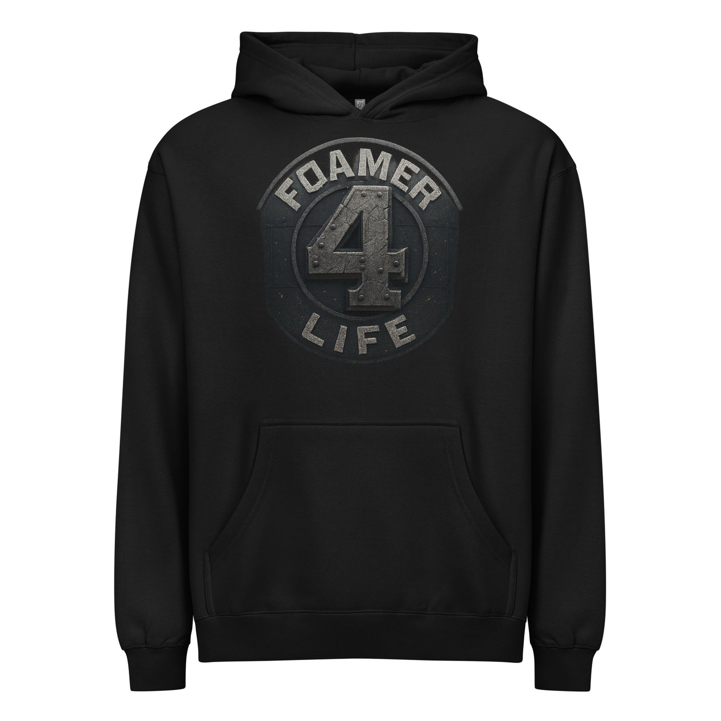 Black hoodie with 'Foamer 4 Life' graphic on a white background