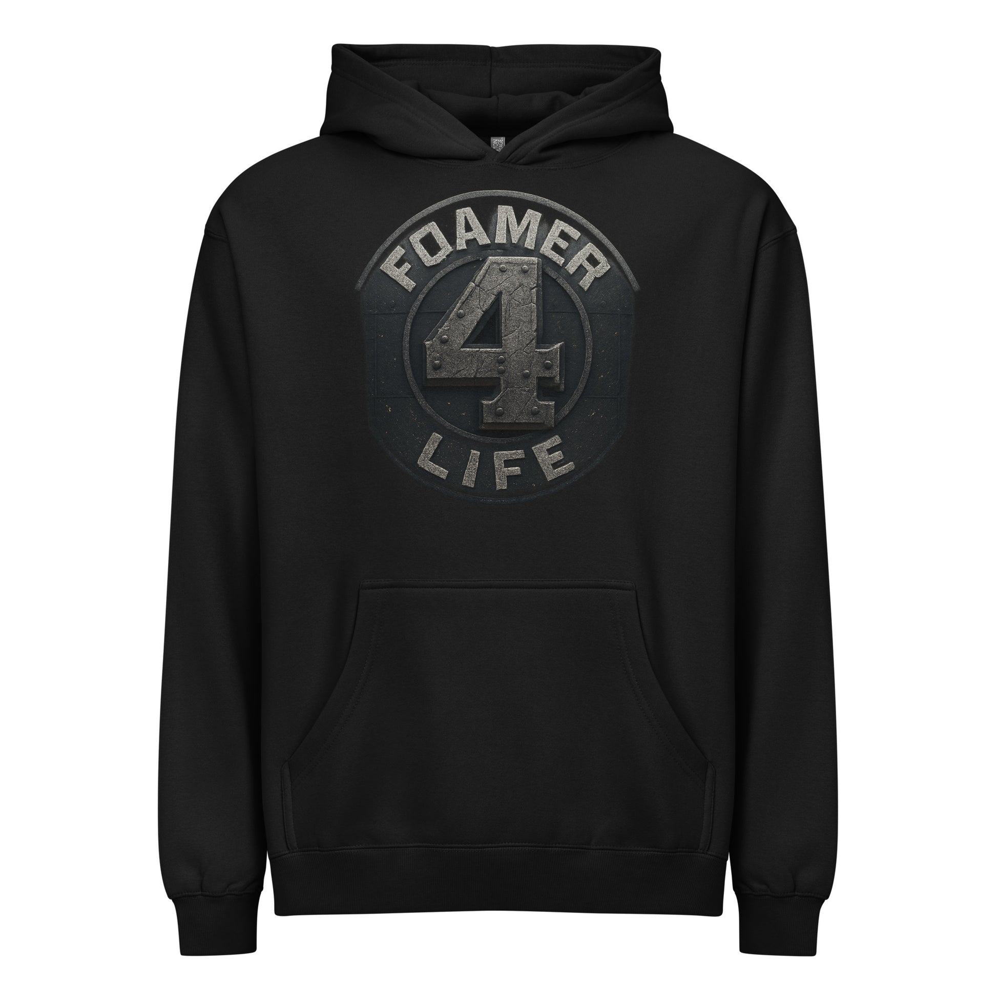 Black hoodie with 'Foamer 4 Life' graphic on a white background