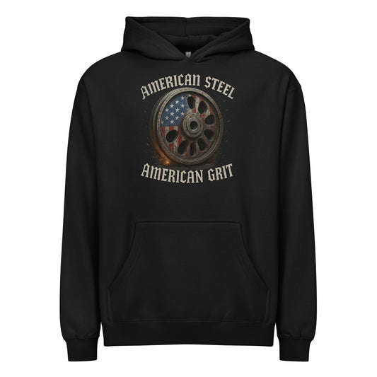 Black hoodie with 'American Steel American Grit' graphic on a white background