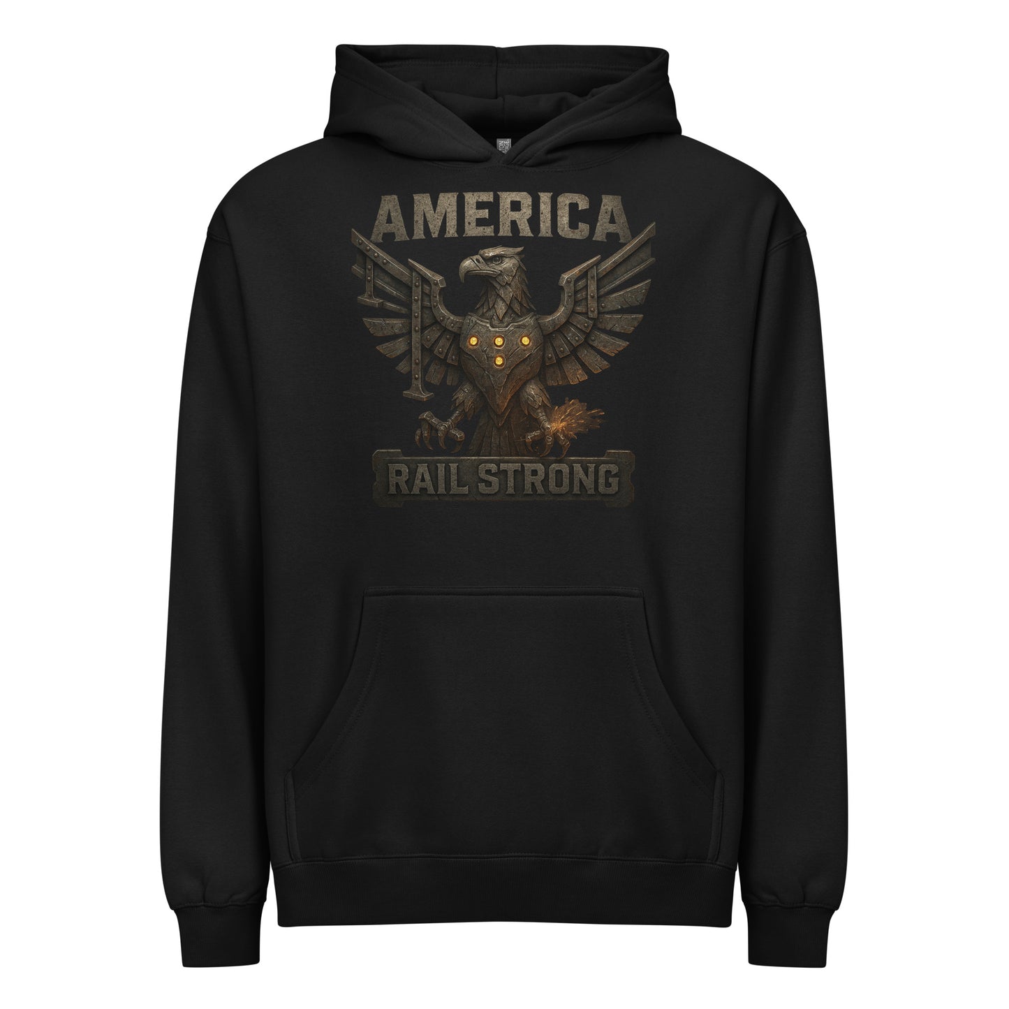 Black hoodie with eagle design and 'America Strong' text on a white background