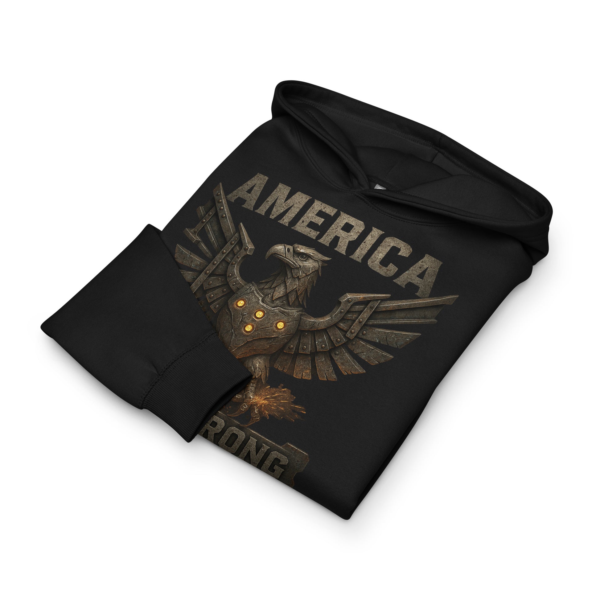 Black hoodie with eagle design and 'America Strong' text on a white background