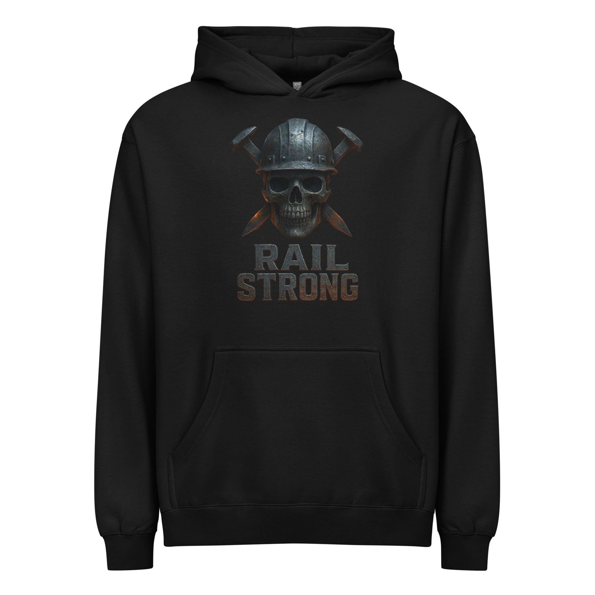 Black hoodie with skull and helmet graphic and 'Rail Strong' text on a white background