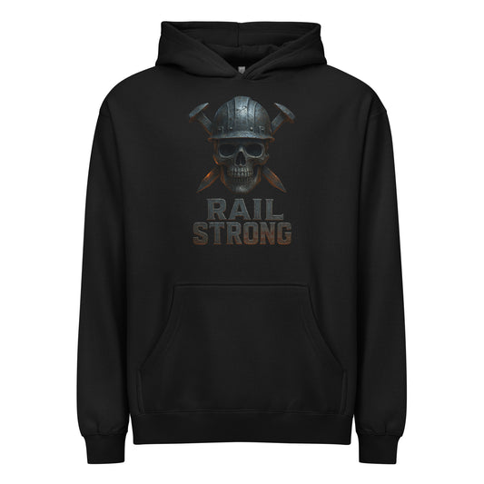 Black hoodie with skull and helmet graphic and 'Rail Strong' text on a white background