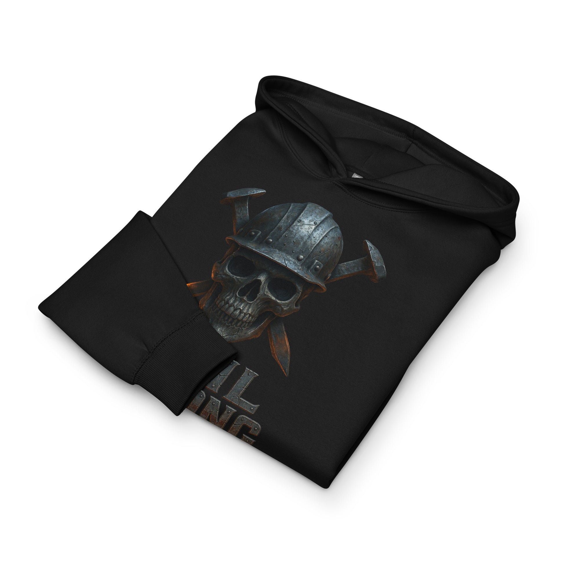 Black hoodie with skull and crossed swords design on a white background
