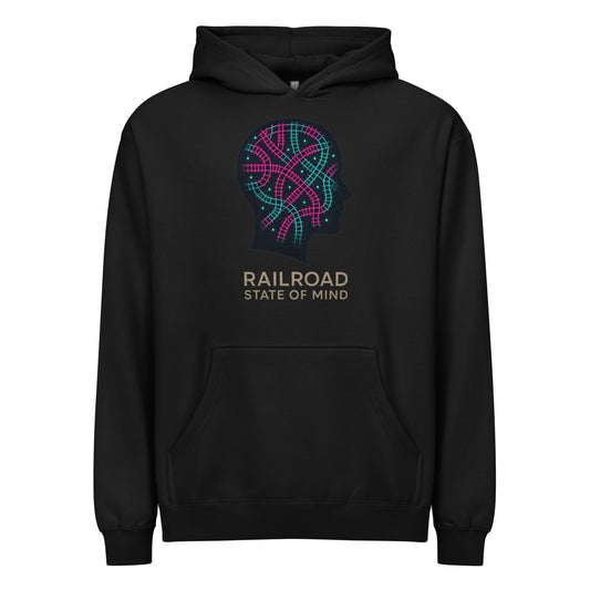 Black hoodie with colorful graphic and 'Railroad State of Mind' text on a white background